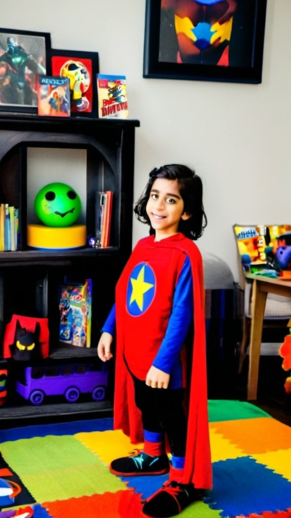 A child dressed as a superhero, striking a heroic pose in a living room that has been transformed into an imaginative play space, complete with makeshift forts and toys.