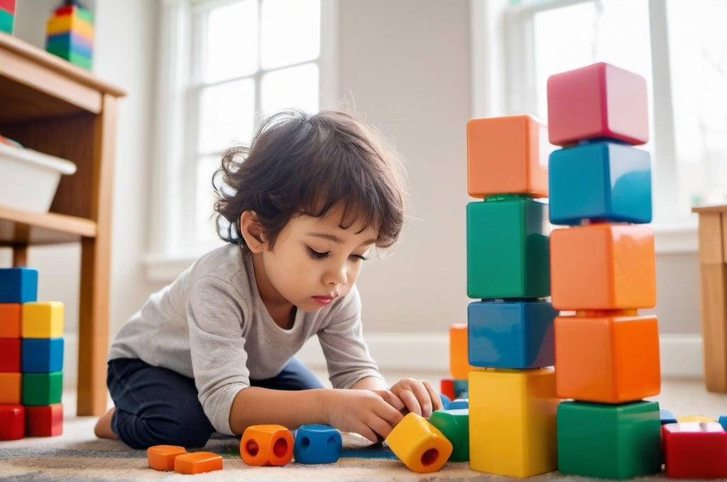 A child engrossed in building a complex structure with colorful blocks, with a look of concentration and joy, set against a bright and cheerful playroom background.