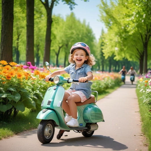 A vibrant image of a young child happily riding the Vespa Ride-On Bike outdoors, with bright sunshine and a park or backyard setting in the background.