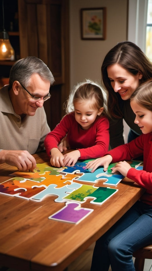 A family gathered around a table, all focused on completing a large jigsaw puzzle together, with smiles and a warm, cozy atmosphere.