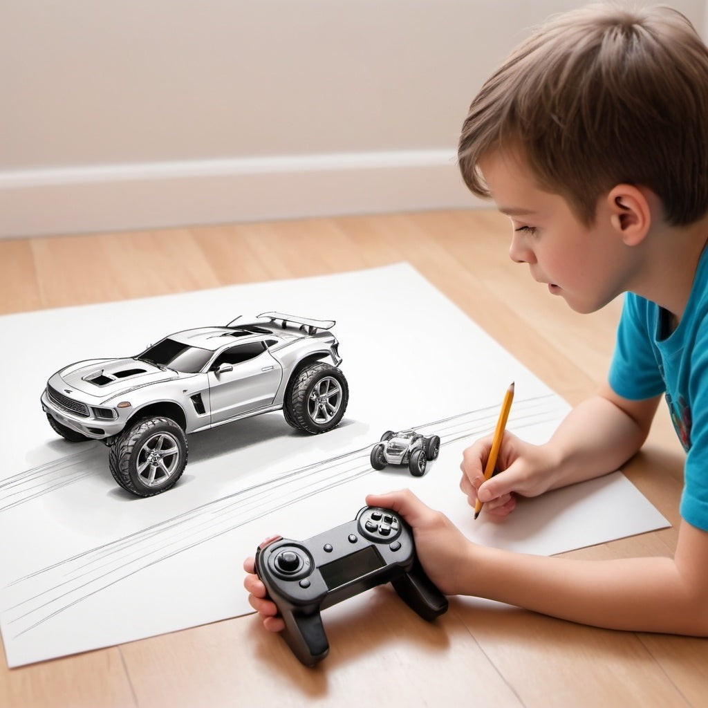 an 8-11 year old boy playing with a remote control car to enhance physical activity and social skills