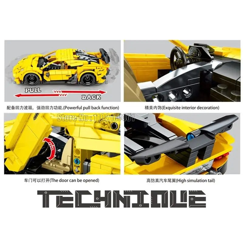 Race to the finish line with the SY Block Technical yellow Lamborghini supercar! This 751-piece building set is perfect for ages 6 and up. the door can be opened, and exquisite interior decoration, high simulation tail, and With a powerful pull-back feature, you can hit top speeds on any track or create your own.