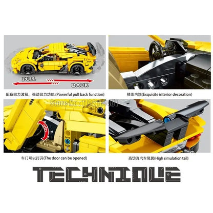 Race to the finish line with the SY Block Technical yellow Lamborghini supercar! This 751-piece building set is perfect for ages 6 and up. the door can be opened, and exquisite interior decoration, high simulation tail, and With a powerful pull-back feature, you can hit top speeds on any track or create your own.