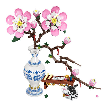 Ideas Flower Building Blocks Peach Blossom Plant Blue and White Porcelain Bonsai DIY Model Home Decoration Children's Toy Gift