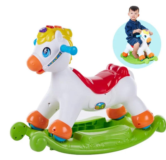 Get your child moving with the Evergreen Happy Rocking Pony! Suitable for ages 12 months to 3 years, this pony features 2-1 rocking and riding capabilities with colorful flashing lights and music.

Its durable yet lightweight design will keep your child entertained for hours as they press the button to show the lights and listen to different songs.

