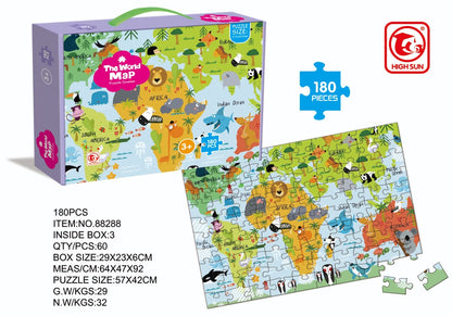 Discover the world with The World Map puzzle game! This 180-piece puzzle, measuring 570x420mm, is a new style educational toy perfect for kids aged 3 and up. Have fun while learning geography!