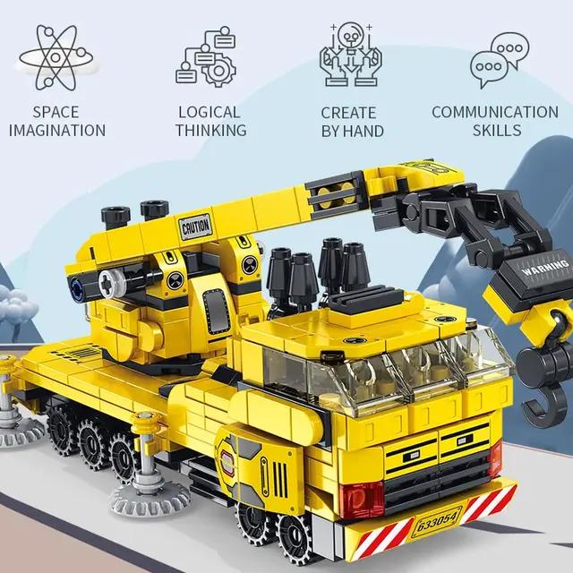  construction crane building blocks set could be into a big crane truck and 12 city engineering vehicles, each vehicle has 2 forms. 25 ways to play in total can maximize the hands-on ability of your child and improve children's creativity