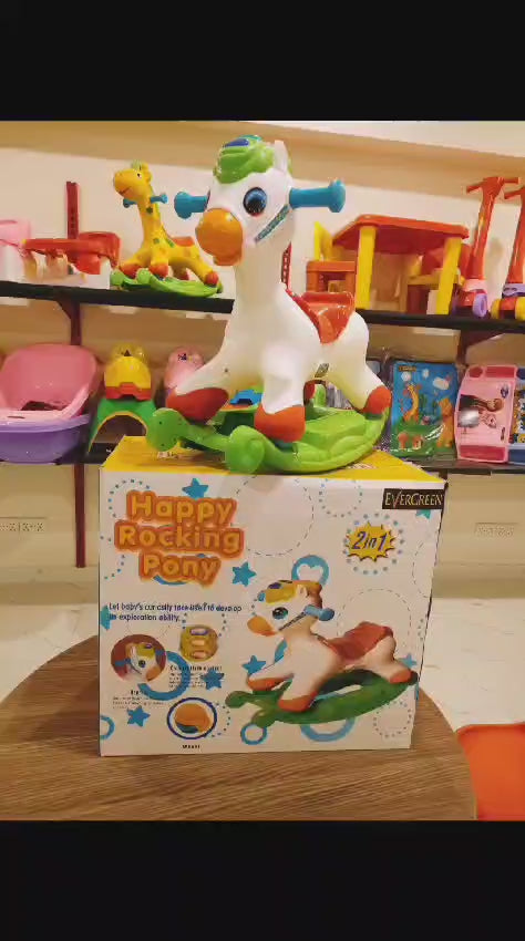 Get your child moving with the Evergreen Happy Rocking Pony! Suitable for ages 12 months to 3 years, this pony features 2-1 rocking and riding capabilities with colorful flashing lights and music.

Its durable yet lightweight design will keep your child entertained for hours as they press the button to show the lights and listen to different songs.

Plus, the seat also has storage for added convenience.